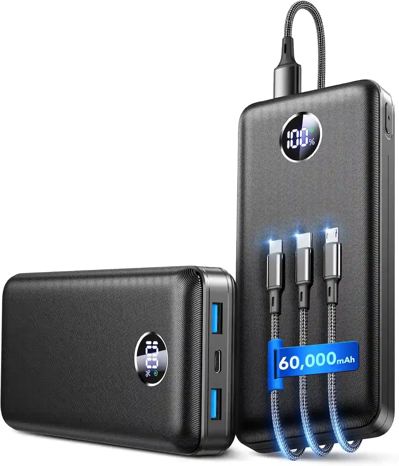 Portable Charger 60000mAh Power Bank (Carbon) – 22.5W Fast Charging with Built-in Cables