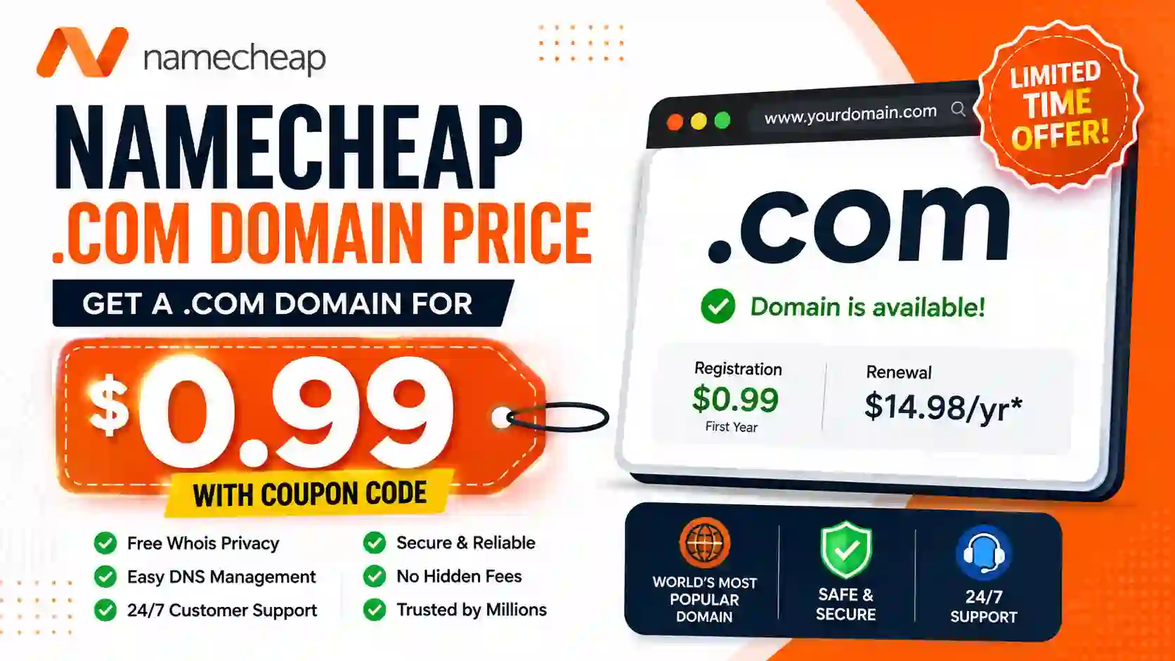 Best Namecheap .com Domain Price: Get It for $0.99