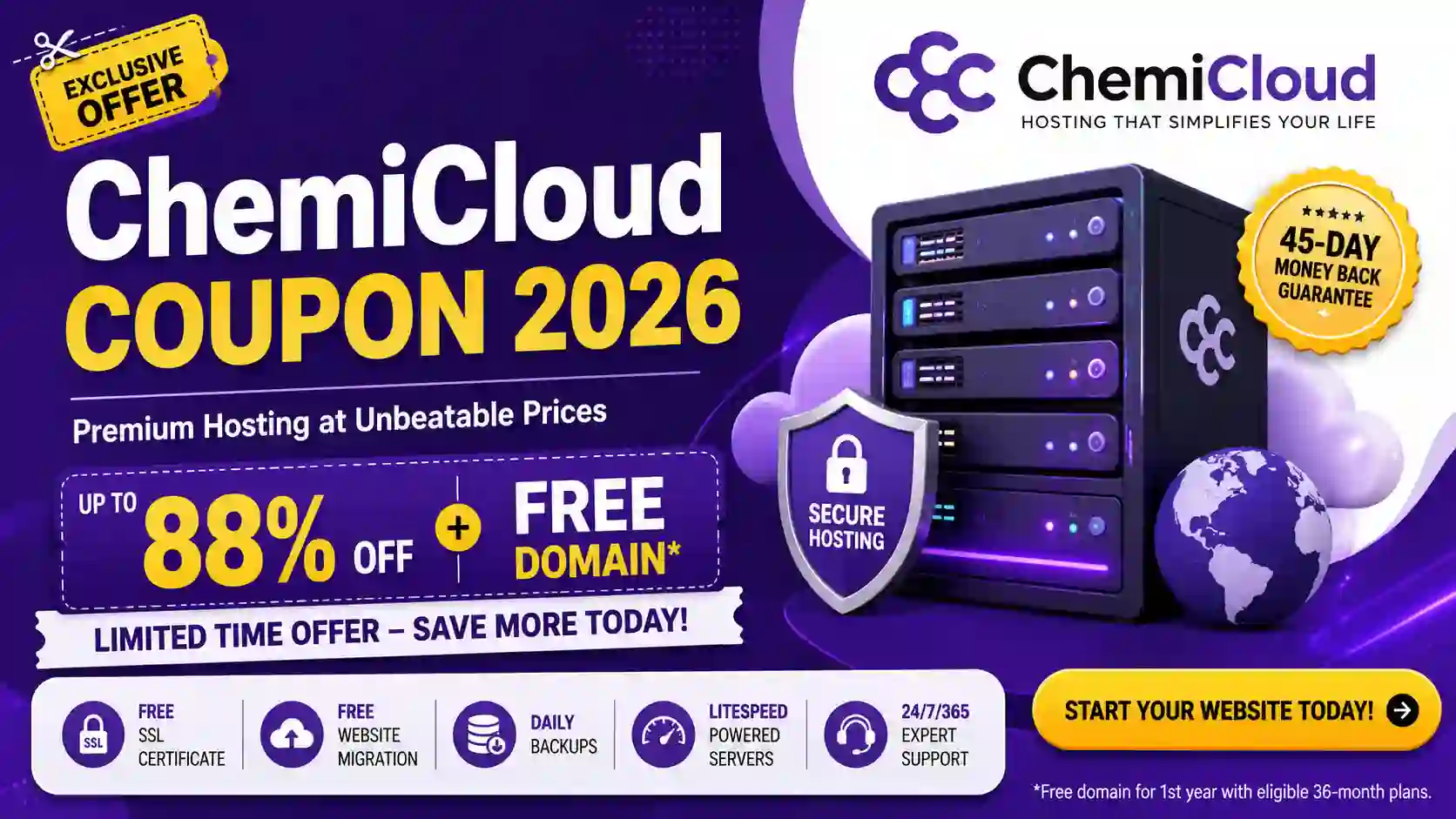 ChemiCloud Coupon 2026: Get Up to 88% Off + Free Domain