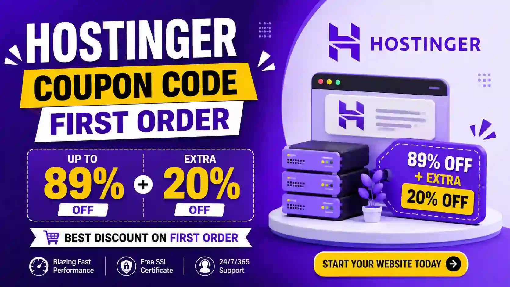 Hostinger Coupon Code First Order – 89% Off + Extra 20% Off