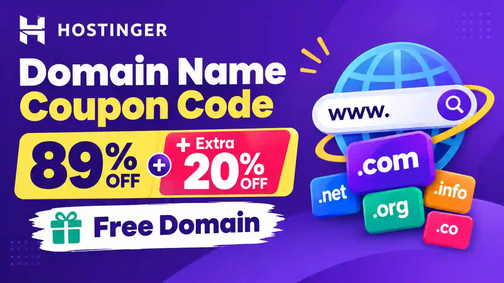 Hostinger Domain Name Coupon Code: 89% Off + Extra 20% Off + Free Domain