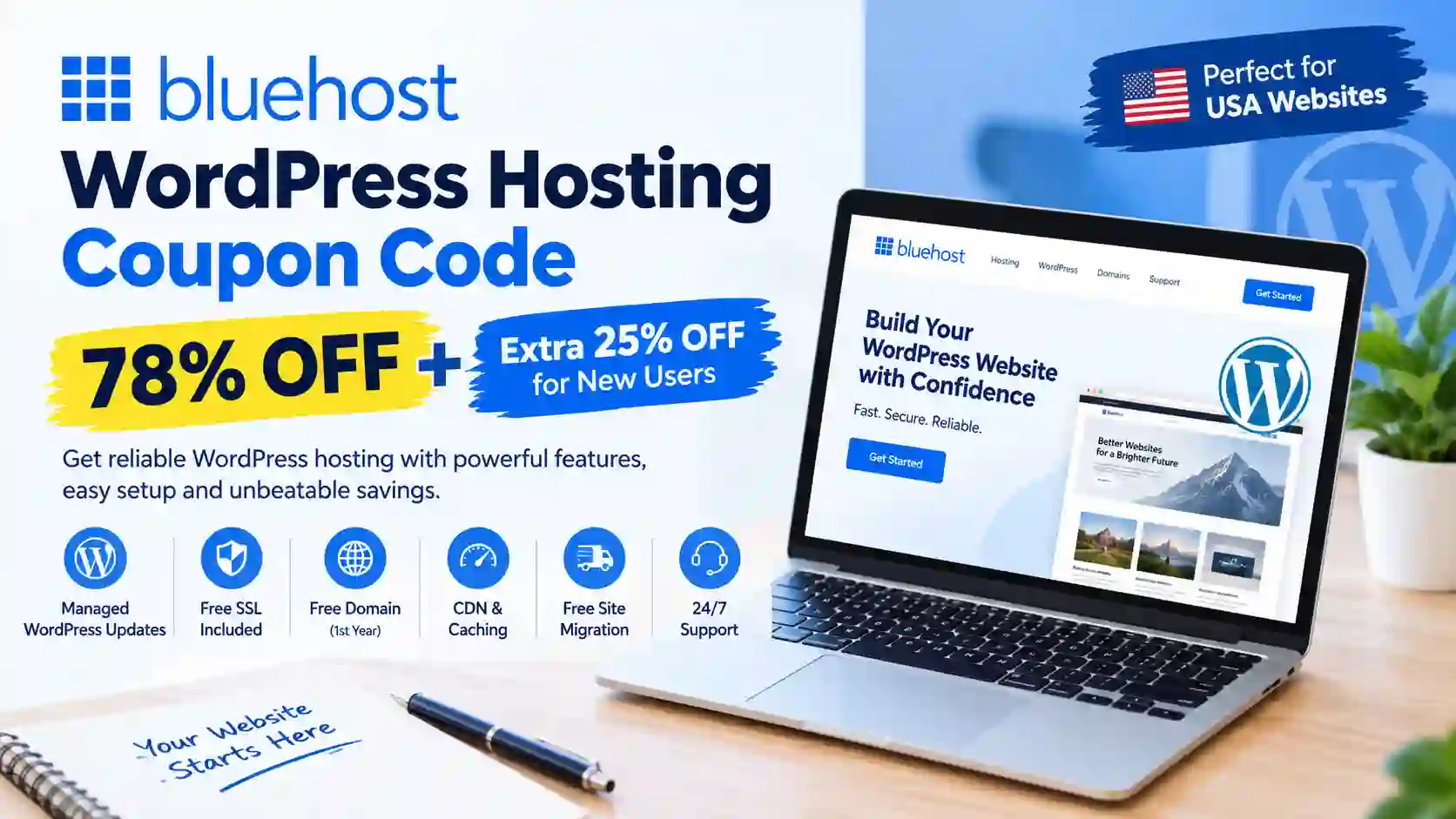 Bluehost WordPress Hosting Coupon Code: 78% Off + Extra 25% Off